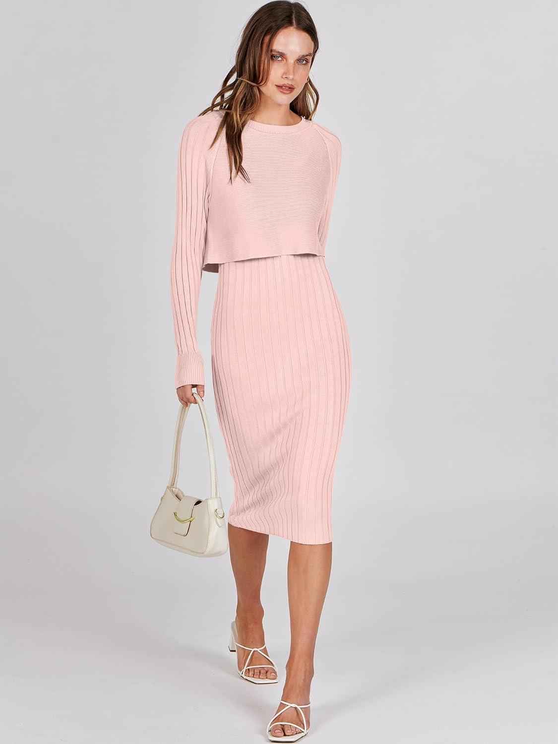 imageANRABESS Womens 2 Piece Outfits Sweater Dresses Set Midi Skirt Sets Long Sleeve Crop Top Bodycon Ribbed Knit Dress 2025 FallPink