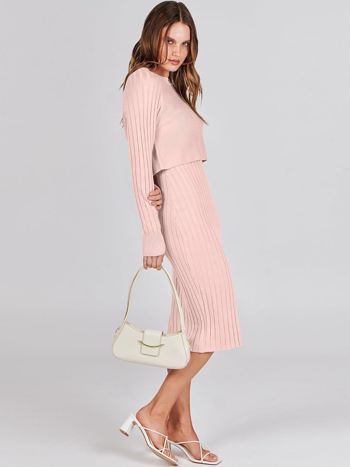 imageANRABESS Womens 2 Piece Outfits Sweater Dresses Set Midi Skirt Sets Long Sleeve Crop Top Bodycon Ribbed Knit Dress 2025 FallPink