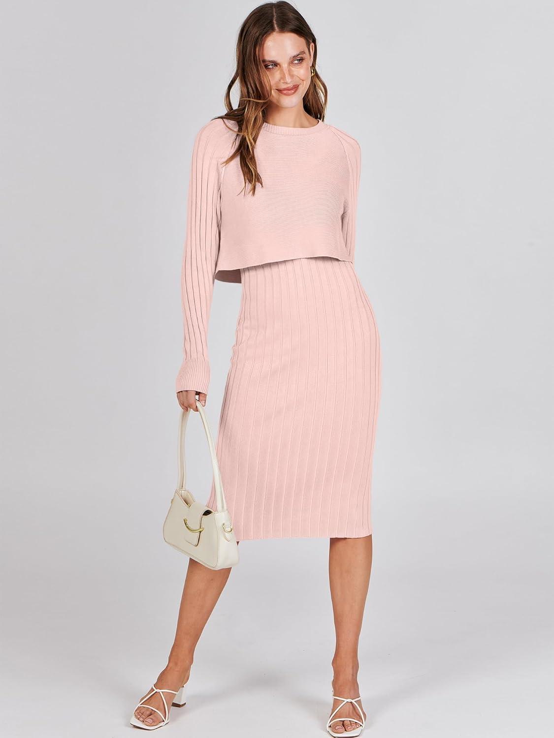 imageANRABESS Womens 2 Piece Outfits Sweater Dresses Set Midi Skirt Sets Long Sleeve Crop Top Bodycon Ribbed Knit Dress 2025 FallPink