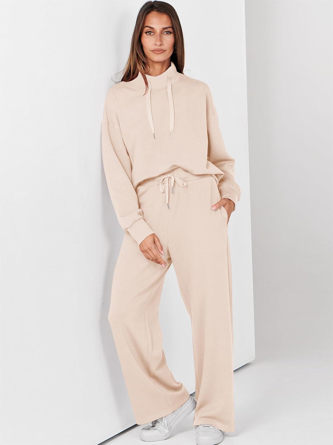 imageANRABESS Womens 2 Piece Outfits Sweatsuit Set 2025 Fall Drawstring Sweatshirt Wide Leg Sweatpant Lounge Set TracksuitApricot