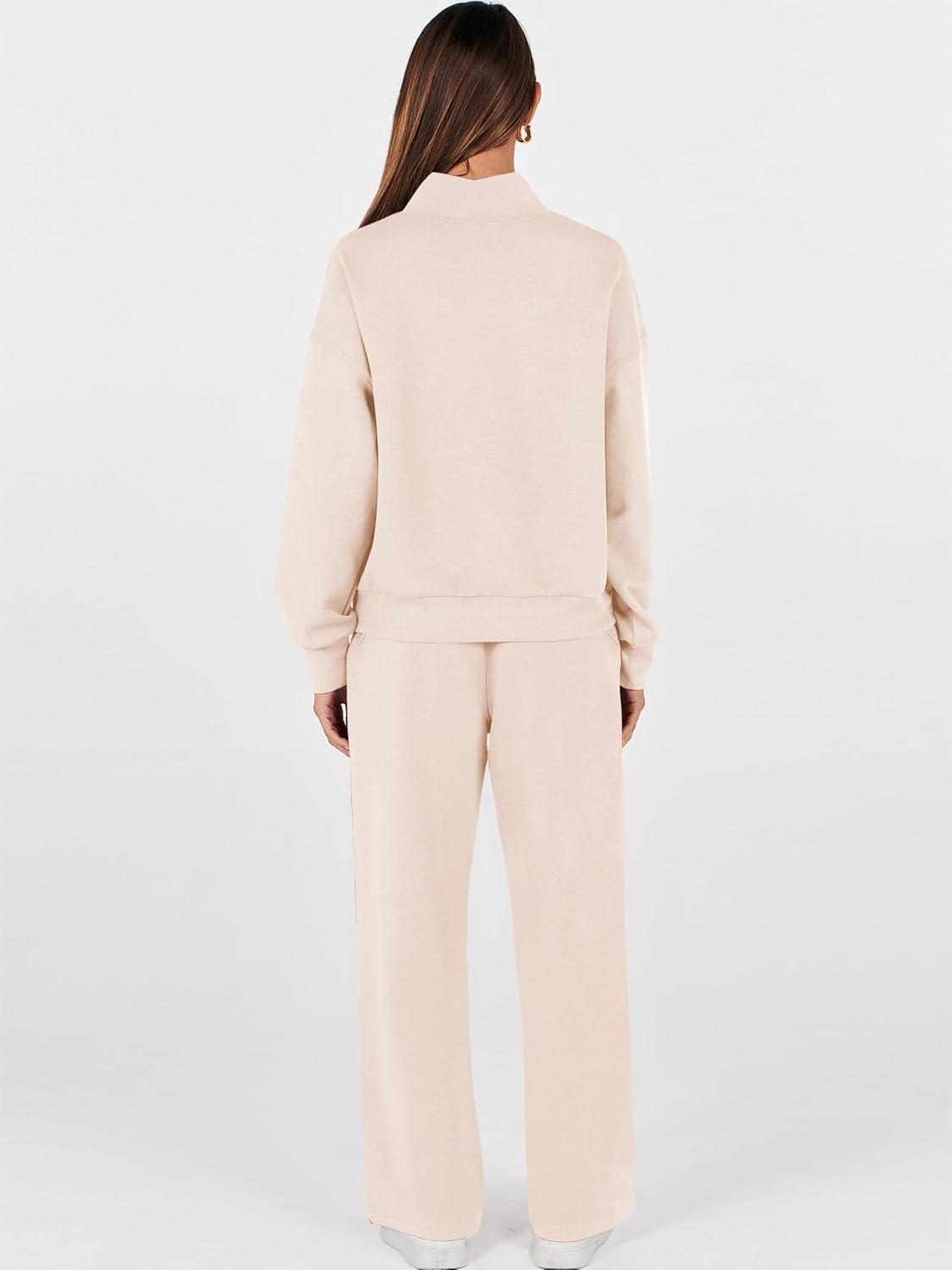 imageANRABESS Womens 2 Piece Outfits Sweatsuit Set 2025 Fall Drawstring Sweatshirt Wide Leg Sweatpant Lounge Set TracksuitApricot