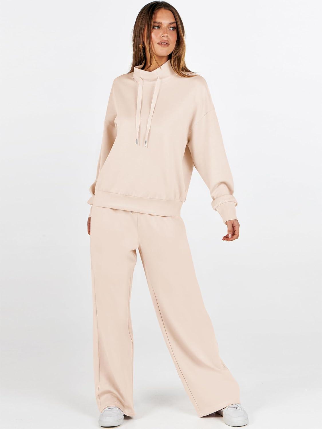 imageANRABESS Womens 2 Piece Outfits Sweatsuit Set 2025 Fall Drawstring Sweatshirt Wide Leg Sweatpant Lounge Set TracksuitApricot