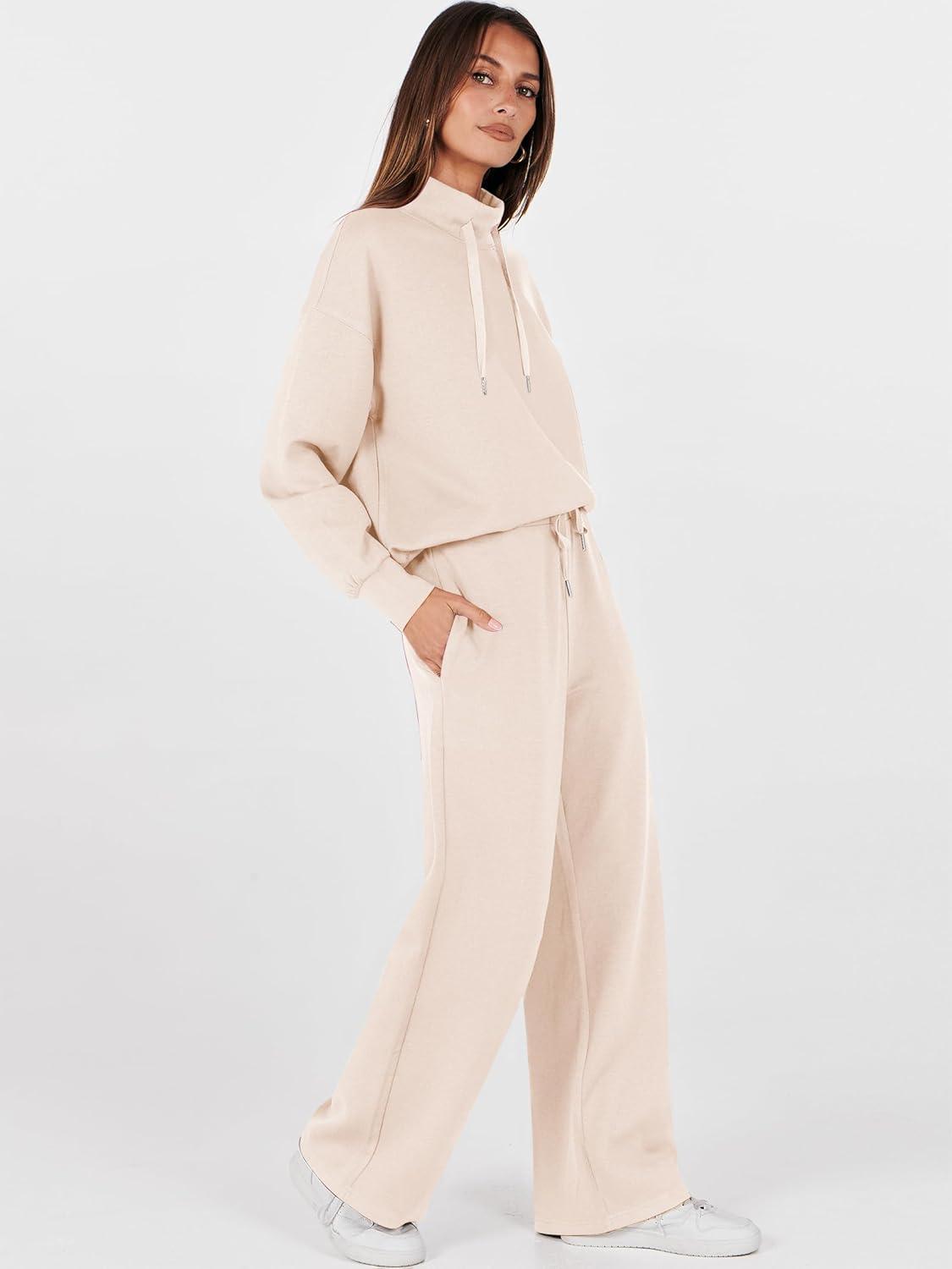 imageANRABESS Womens 2 Piece Outfits Sweatsuit Set 2025 Fall Drawstring Sweatshirt Wide Leg Sweatpant Lounge Set TracksuitApricot