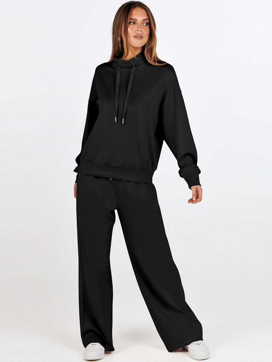 imageANRABESS Womens 2 Piece Outfits Sweatsuit Set 2025 Fall Drawstring Sweatshirt Wide Leg Sweatpant Lounge Set TracksuitBlack