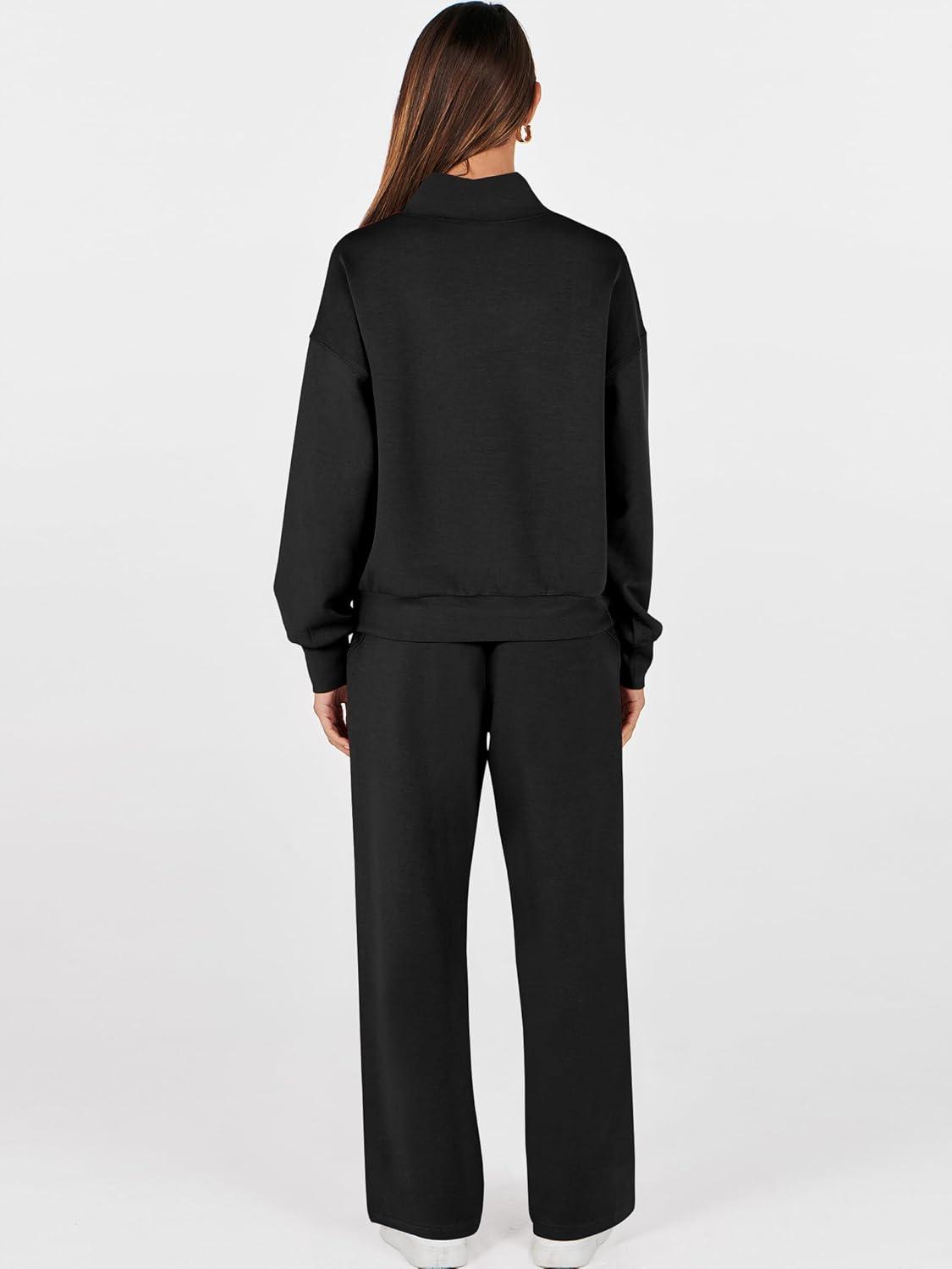 imageANRABESS Womens 2 Piece Outfits Sweatsuit Set 2025 Fall Drawstring Sweatshirt Wide Leg Sweatpant Lounge Set TracksuitBlack