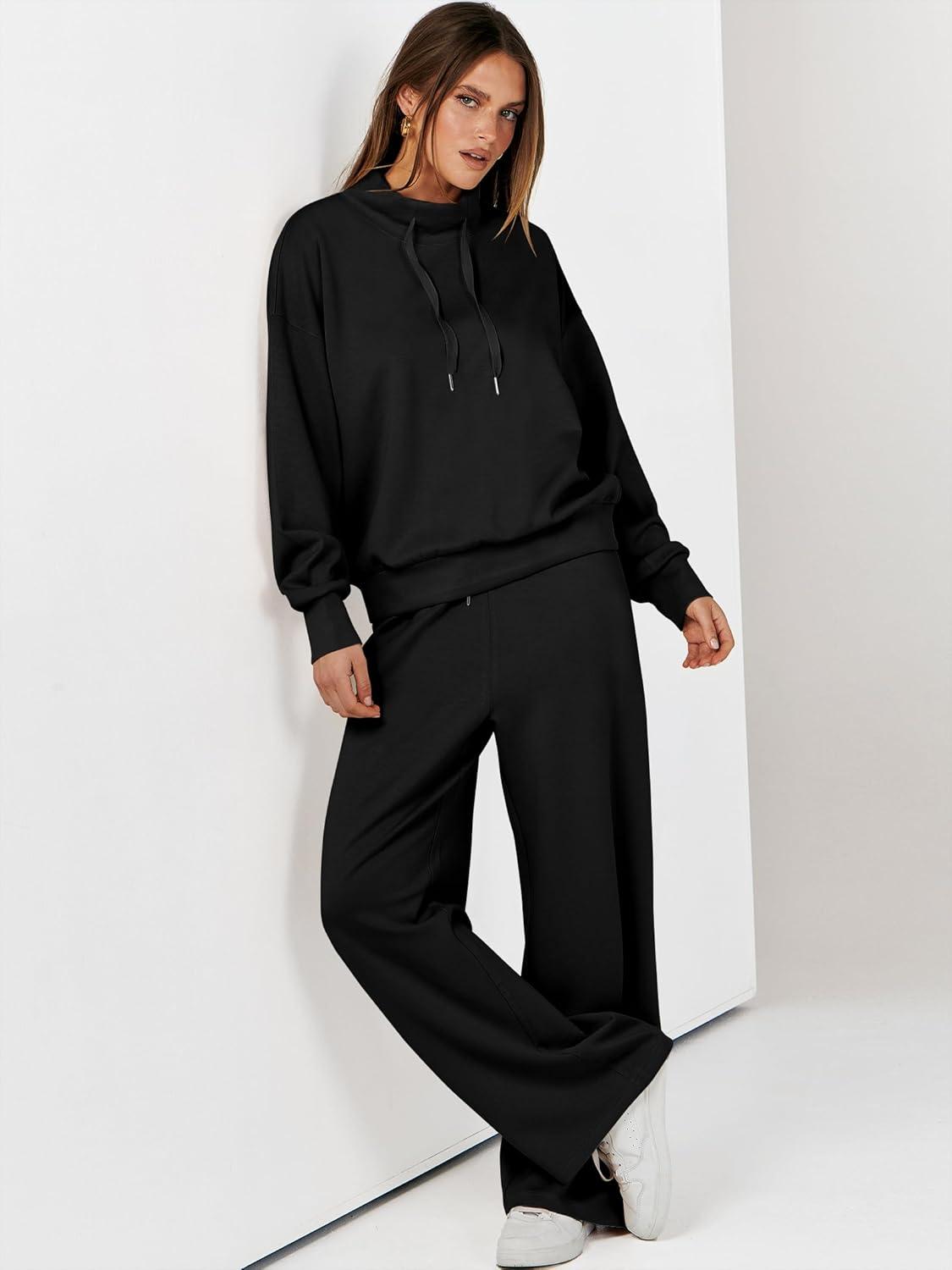 imageANRABESS Womens 2 Piece Outfits Sweatsuit Set 2025 Fall Drawstring Sweatshirt Wide Leg Sweatpant Lounge Set TracksuitBlack