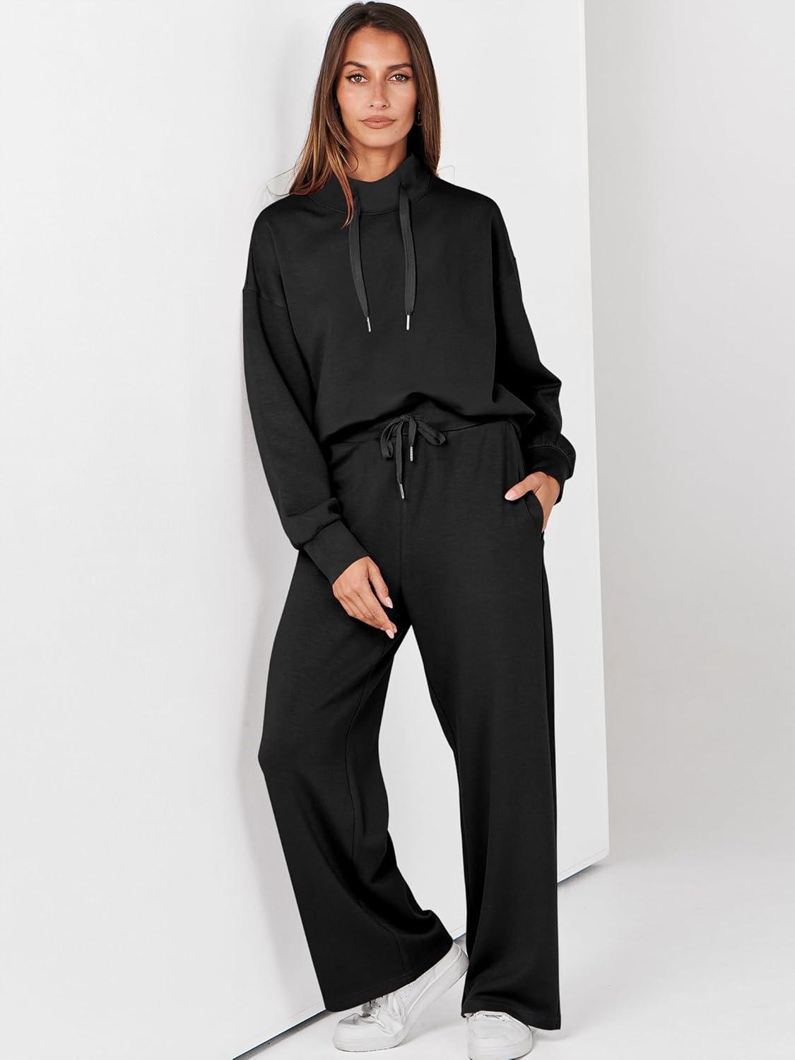 imageANRABESS Womens 2 Piece Outfits Sweatsuit Set 2025 Fall Drawstring Sweatshirt Wide Leg Sweatpant Lounge Set TracksuitBlack