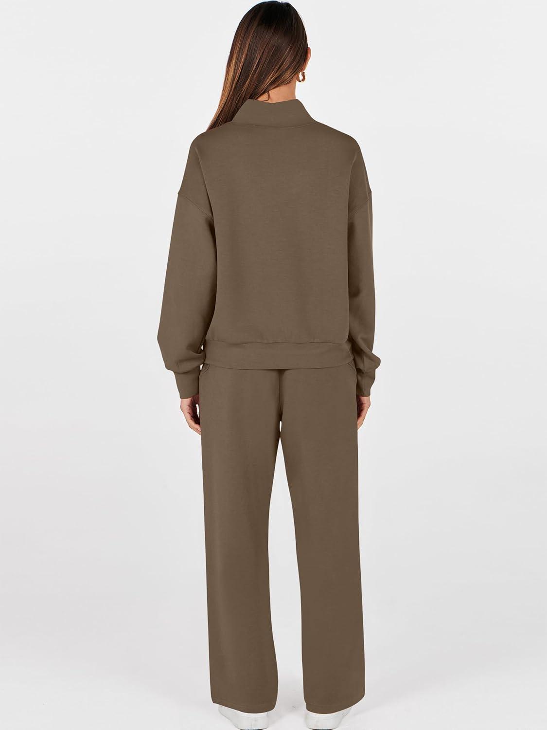 imageANRABESS Womens 2 Piece Outfits Sweatsuit Set 2025 Fall Drawstring Sweatshirt Wide Leg Sweatpant Lounge Set TracksuitBrown