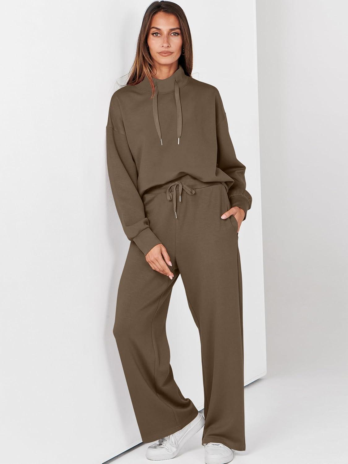 imageANRABESS Womens 2 Piece Outfits Sweatsuit Set 2025 Fall Drawstring Sweatshirt Wide Leg Sweatpant Lounge Set TracksuitBrown