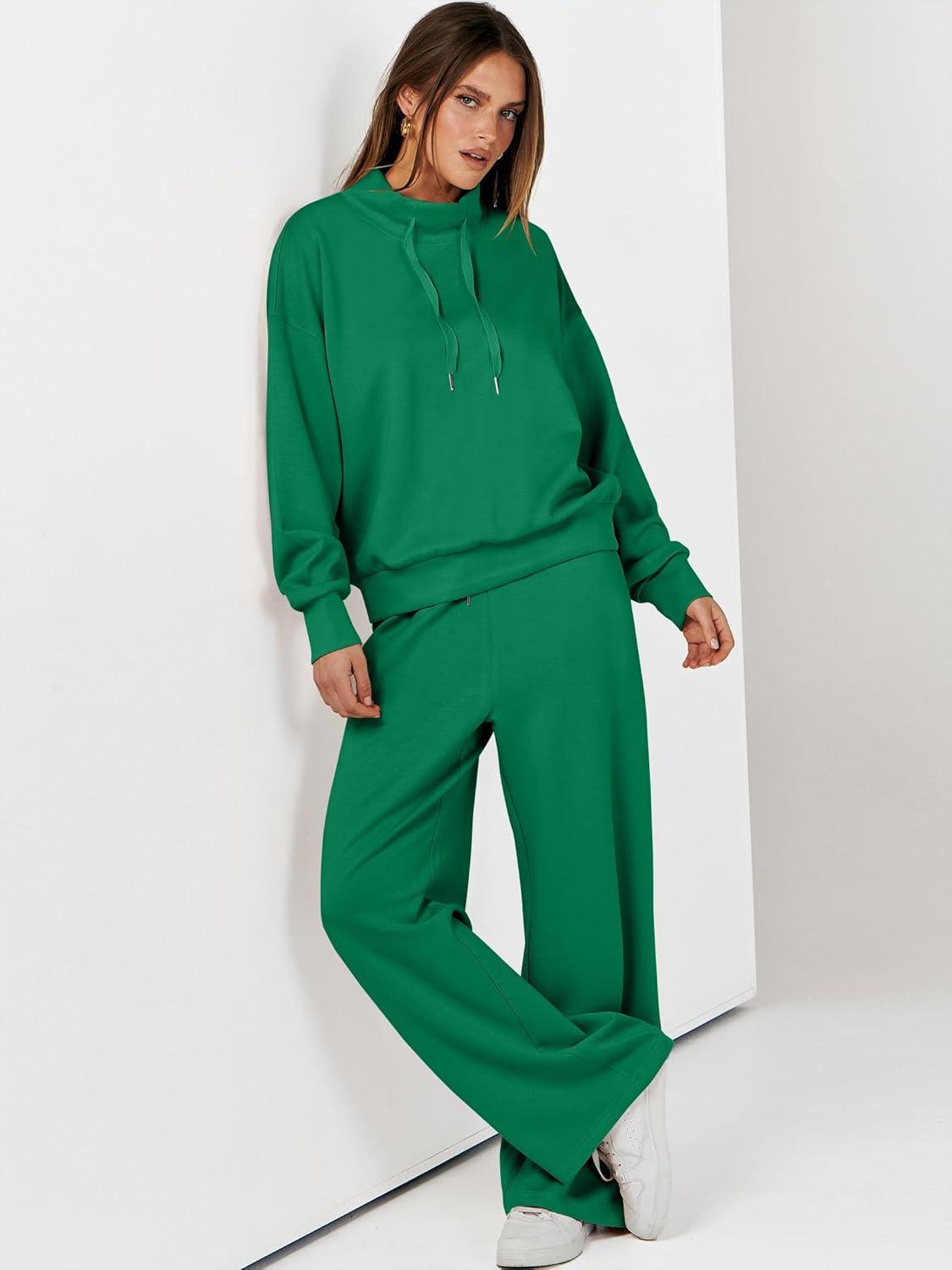 imageANRABESS Womens 2 Piece Outfits Sweatsuit Set 2025 Fall Drawstring Sweatshirt Wide Leg Sweatpant Lounge Set TracksuitGreen