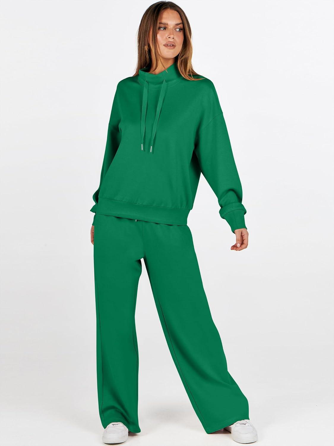 imageANRABESS Womens 2 Piece Outfits Sweatsuit Set 2025 Fall Drawstring Sweatshirt Wide Leg Sweatpant Lounge Set TracksuitGreen