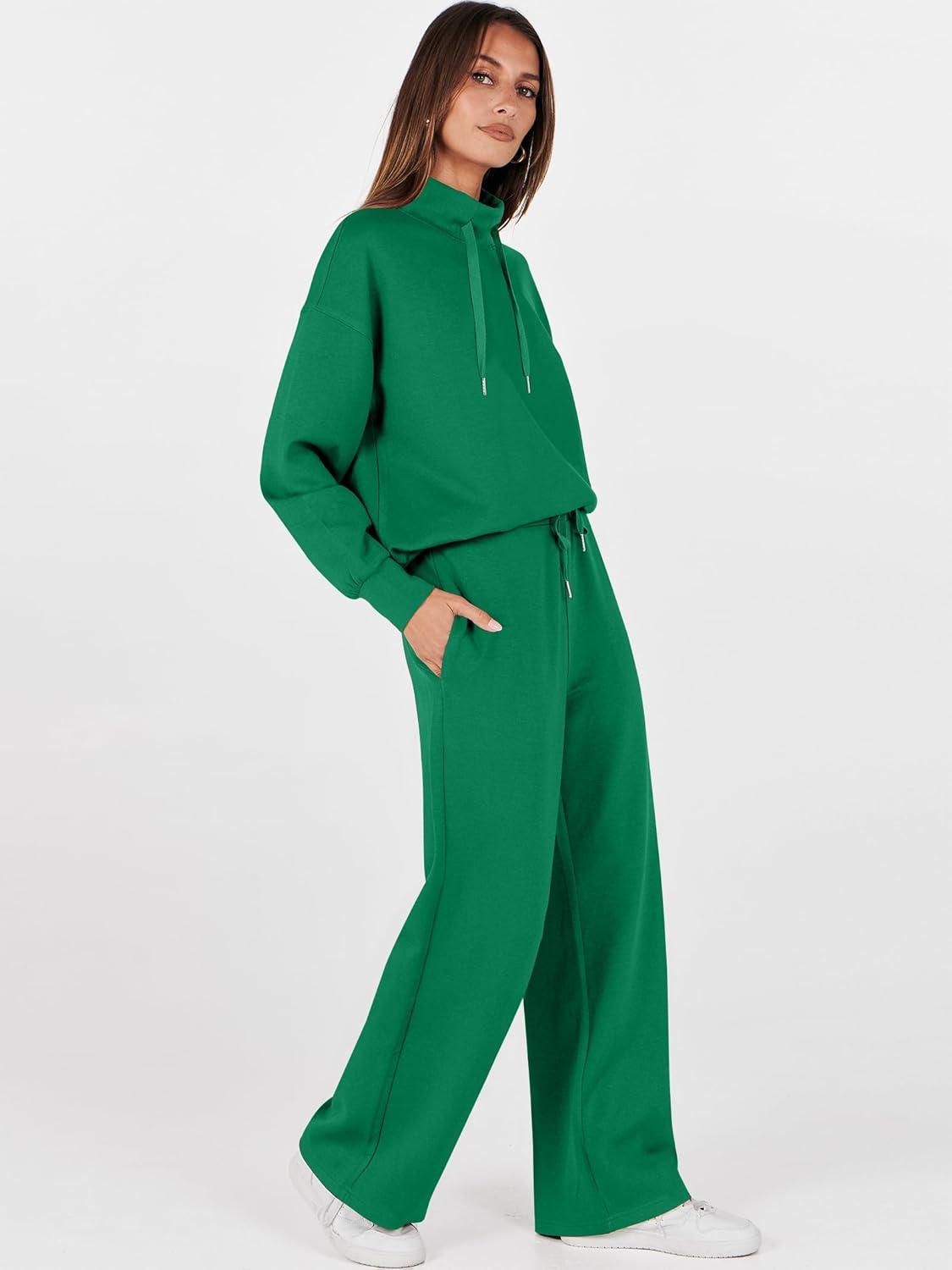 imageANRABESS Womens 2 Piece Outfits Sweatsuit Set 2025 Fall Drawstring Sweatshirt Wide Leg Sweatpant Lounge Set TracksuitGreen