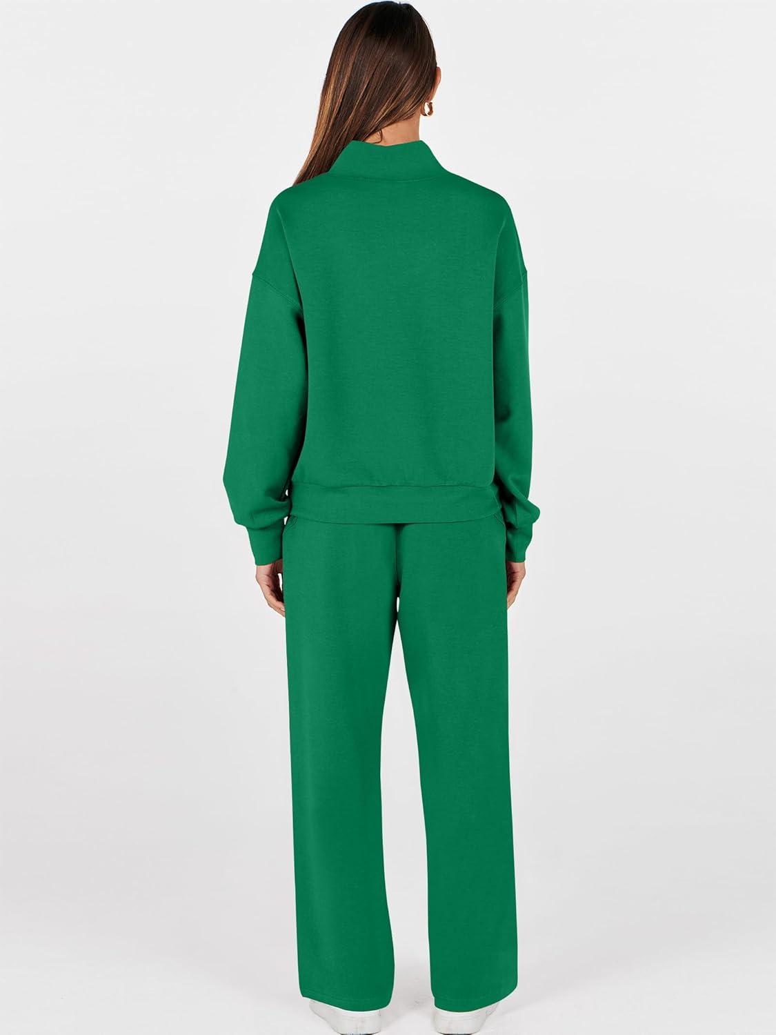 imageANRABESS Womens 2 Piece Outfits Sweatsuit Set 2025 Fall Drawstring Sweatshirt Wide Leg Sweatpant Lounge Set TracksuitGreen