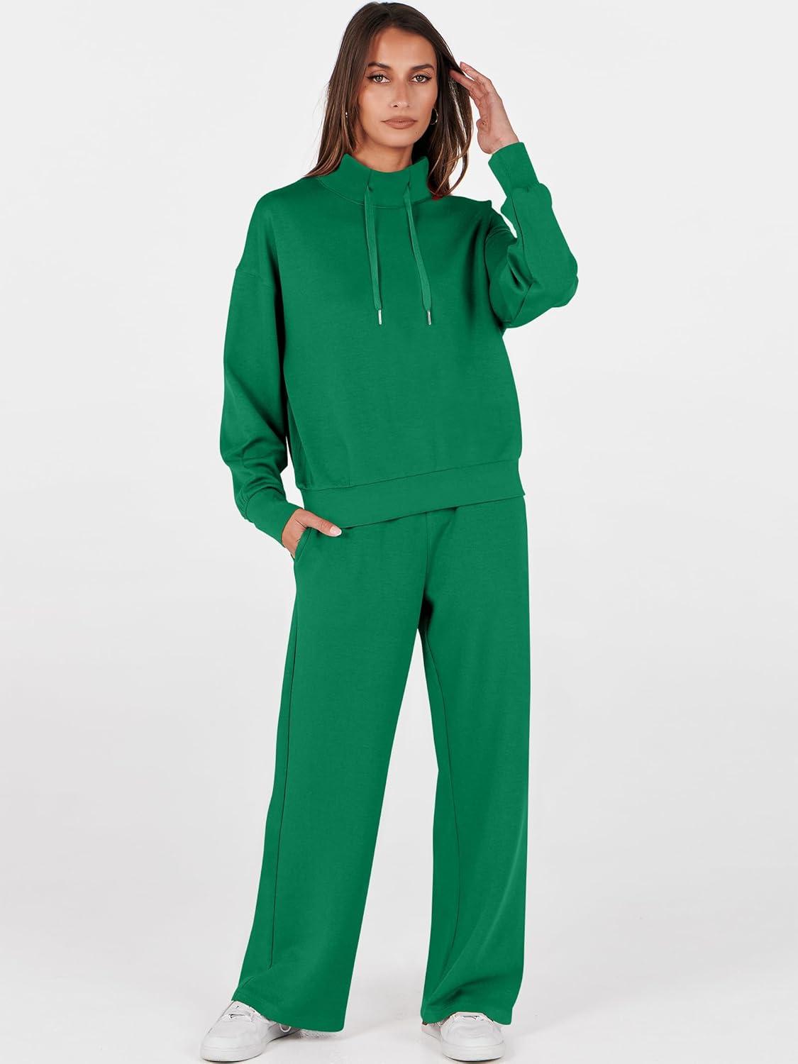 imageANRABESS Womens 2 Piece Outfits Sweatsuit Set 2025 Fall Drawstring Sweatshirt Wide Leg Sweatpant Lounge Set TracksuitGreen