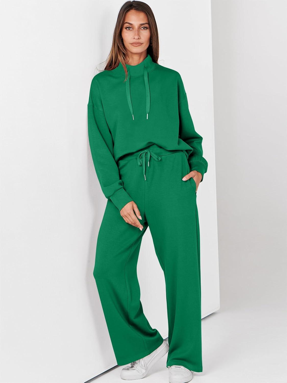 imageANRABESS Womens 2 Piece Outfits Sweatsuit Set 2025 Fall Drawstring Sweatshirt Wide Leg Sweatpant Lounge Set TracksuitGreen