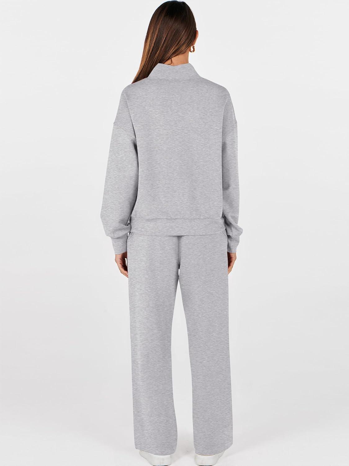 imageANRABESS Womens 2 Piece Outfits Sweatsuit Set 2025 Fall Drawstring Sweatshirt Wide Leg Sweatpant Lounge Set TracksuitGrey