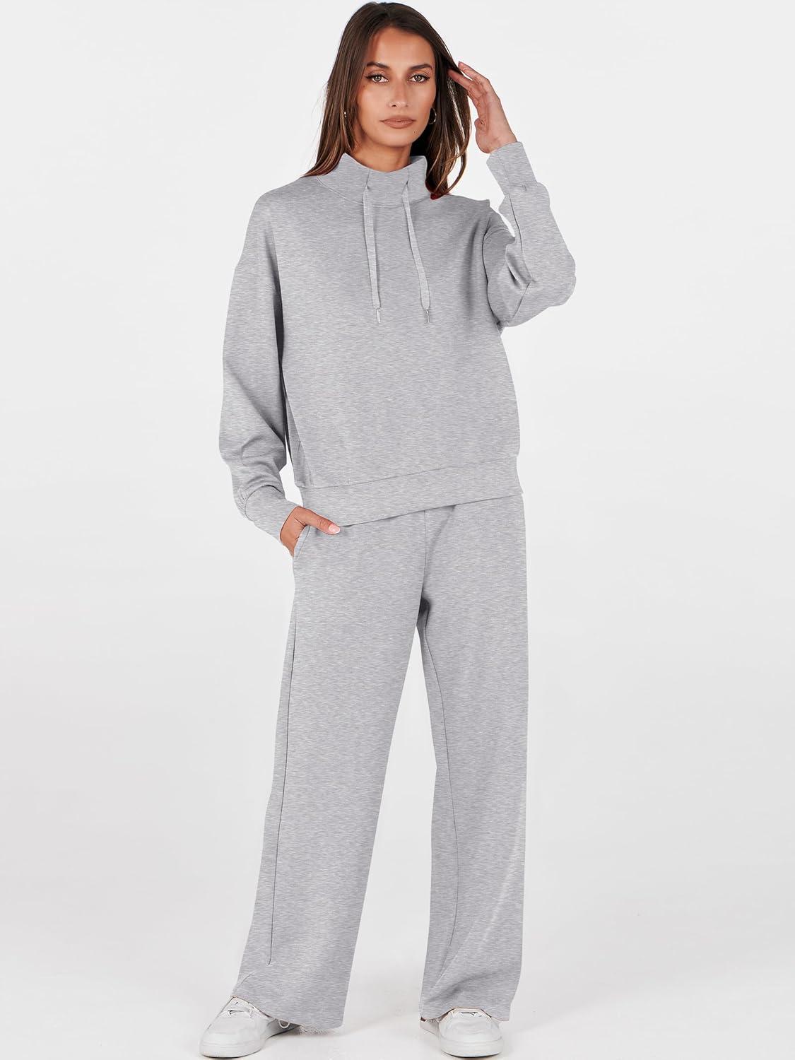imageANRABESS Womens 2 Piece Outfits Sweatsuit Set 2025 Fall Drawstring Sweatshirt Wide Leg Sweatpant Lounge Set TracksuitGrey