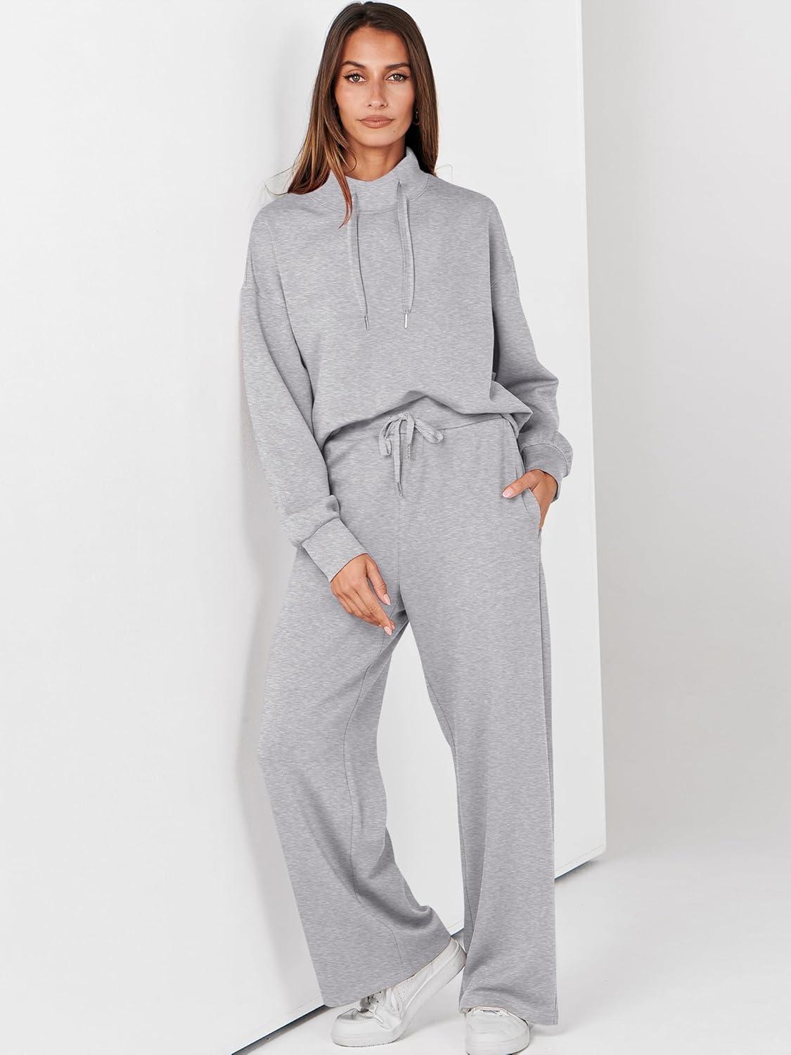 imageANRABESS Womens 2 Piece Outfits Sweatsuit Set 2025 Fall Drawstring Sweatshirt Wide Leg Sweatpant Lounge Set TracksuitGrey