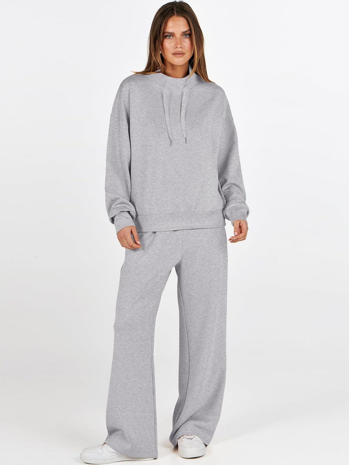 imageANRABESS Womens 2 Piece Outfits Sweatsuit Set 2025 Fall Drawstring Sweatshirt Wide Leg Sweatpant Lounge Set TracksuitGrey