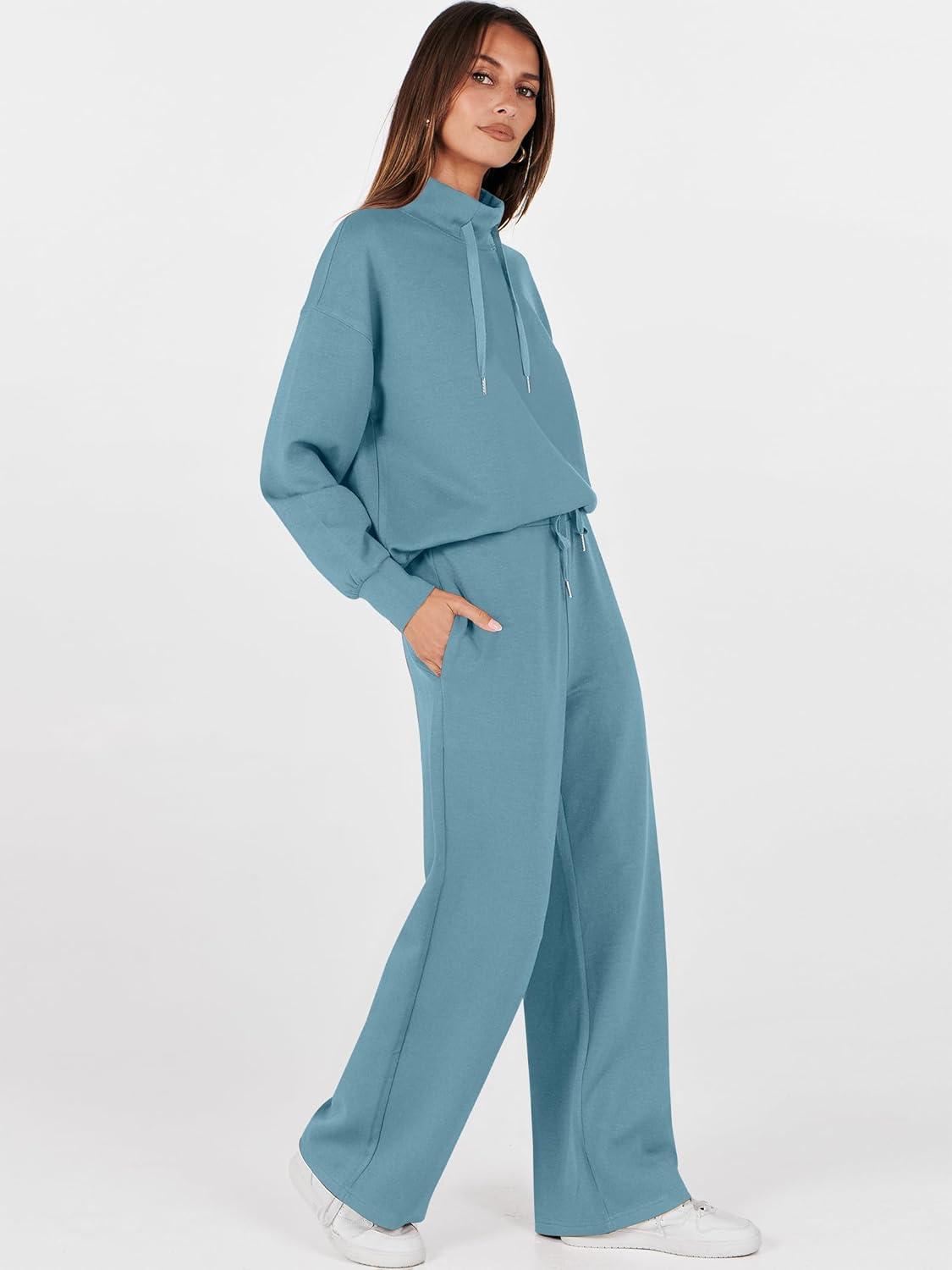 imageANRABESS Womens 2 Piece Outfits Sweatsuit Set 2025 Fall Drawstring Sweatshirt Wide Leg Sweatpant Lounge Set TracksuitGrey Green