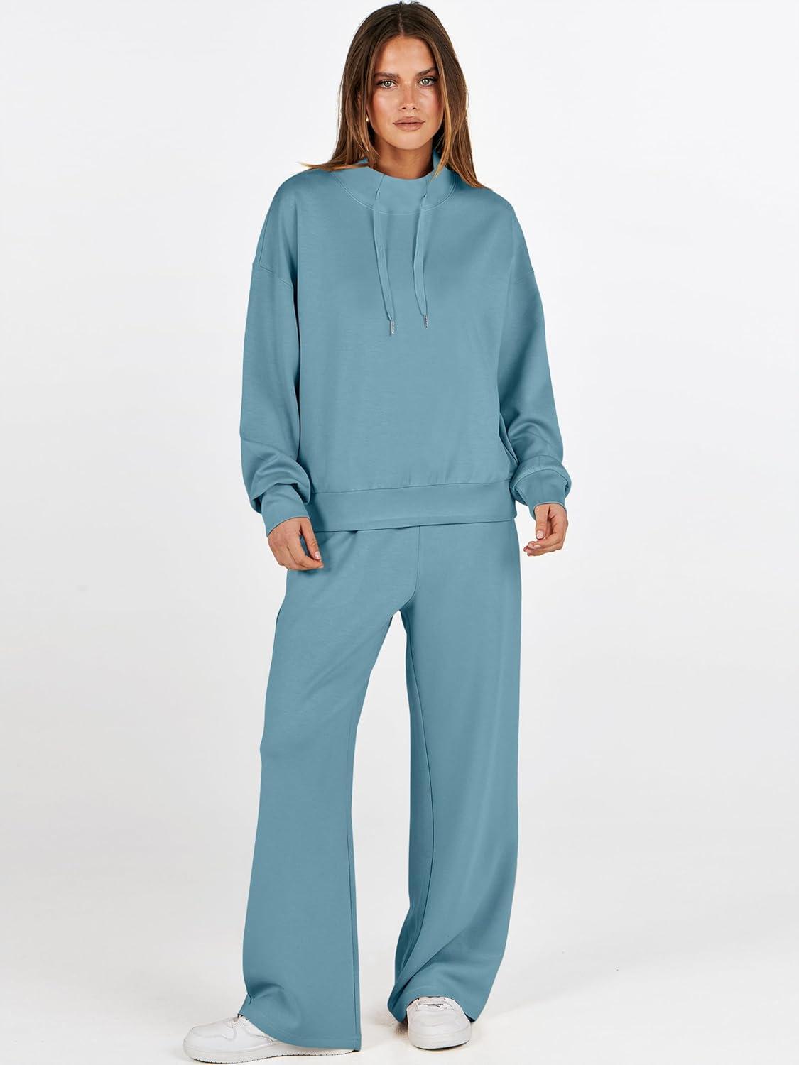 imageANRABESS Womens 2 Piece Outfits Sweatsuit Set 2025 Fall Drawstring Sweatshirt Wide Leg Sweatpant Lounge Set TracksuitGrey Green