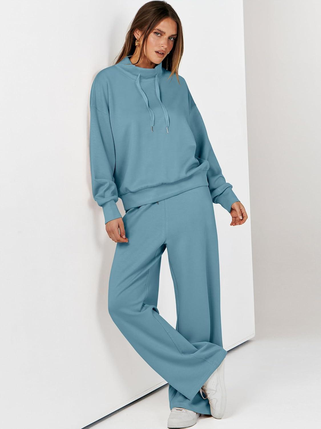 imageANRABESS Womens 2 Piece Outfits Sweatsuit Set 2025 Fall Drawstring Sweatshirt Wide Leg Sweatpant Lounge Set TracksuitGrey Green