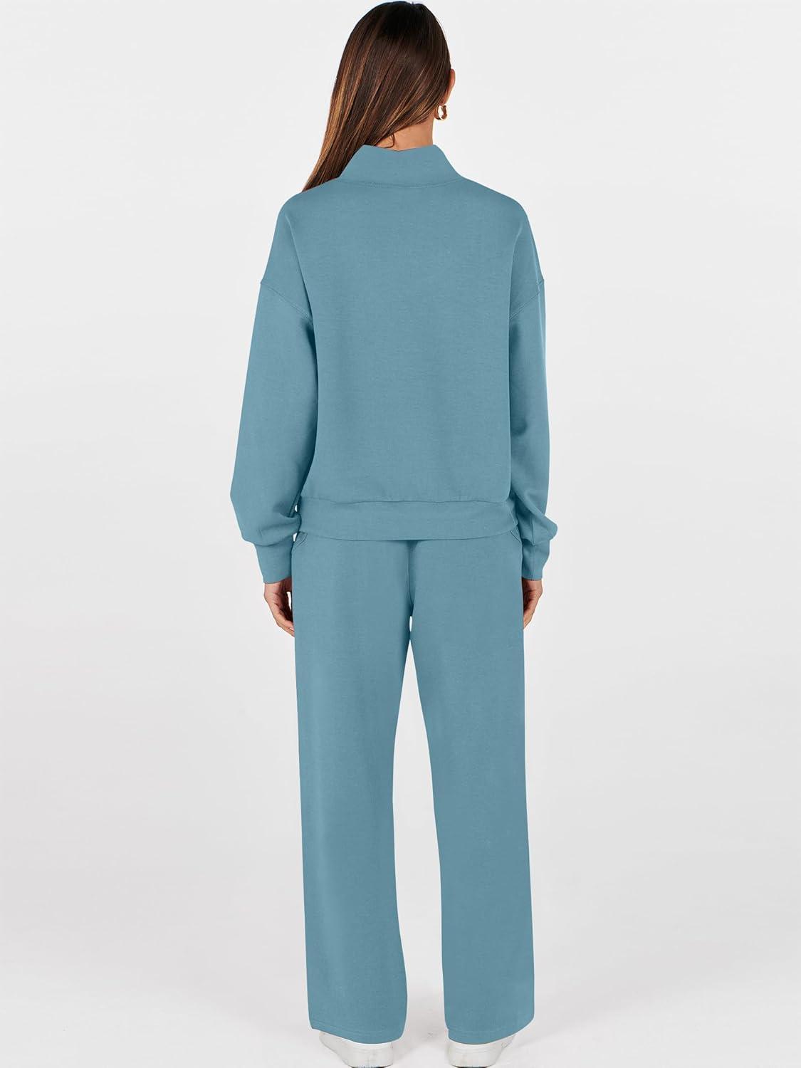 imageANRABESS Womens 2 Piece Outfits Sweatsuit Set 2025 Fall Drawstring Sweatshirt Wide Leg Sweatpant Lounge Set TracksuitGrey Green