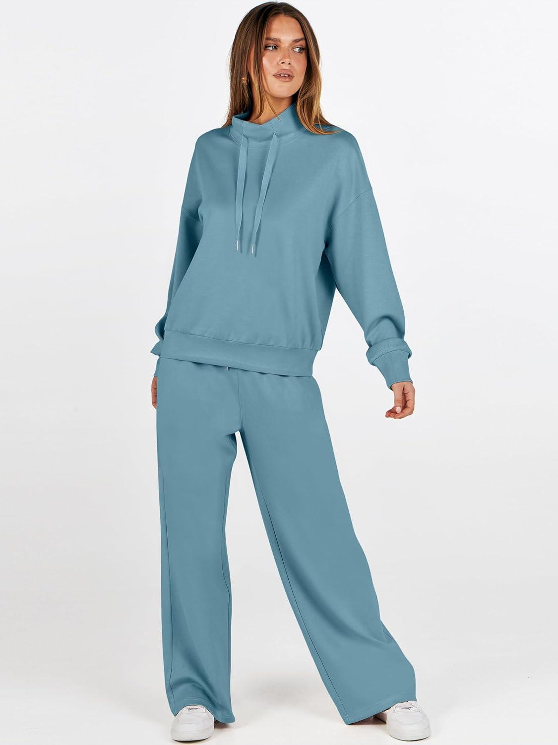 imageANRABESS Womens 2 Piece Outfits Sweatsuit Set 2025 Fall Drawstring Sweatshirt Wide Leg Sweatpant Lounge Set TracksuitGrey Green