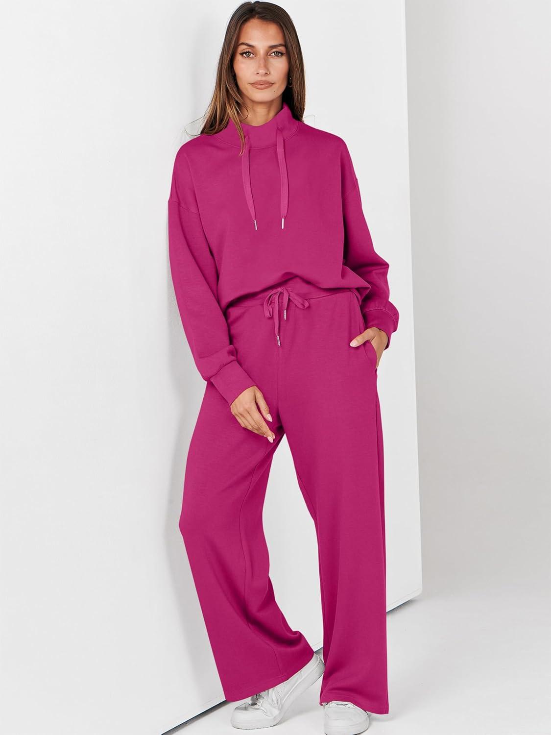 imageANRABESS Womens 2 Piece Outfits Sweatsuit Set 2025 Fall Drawstring Sweatshirt Wide Leg Sweatpant Lounge Set TracksuitHot Pink