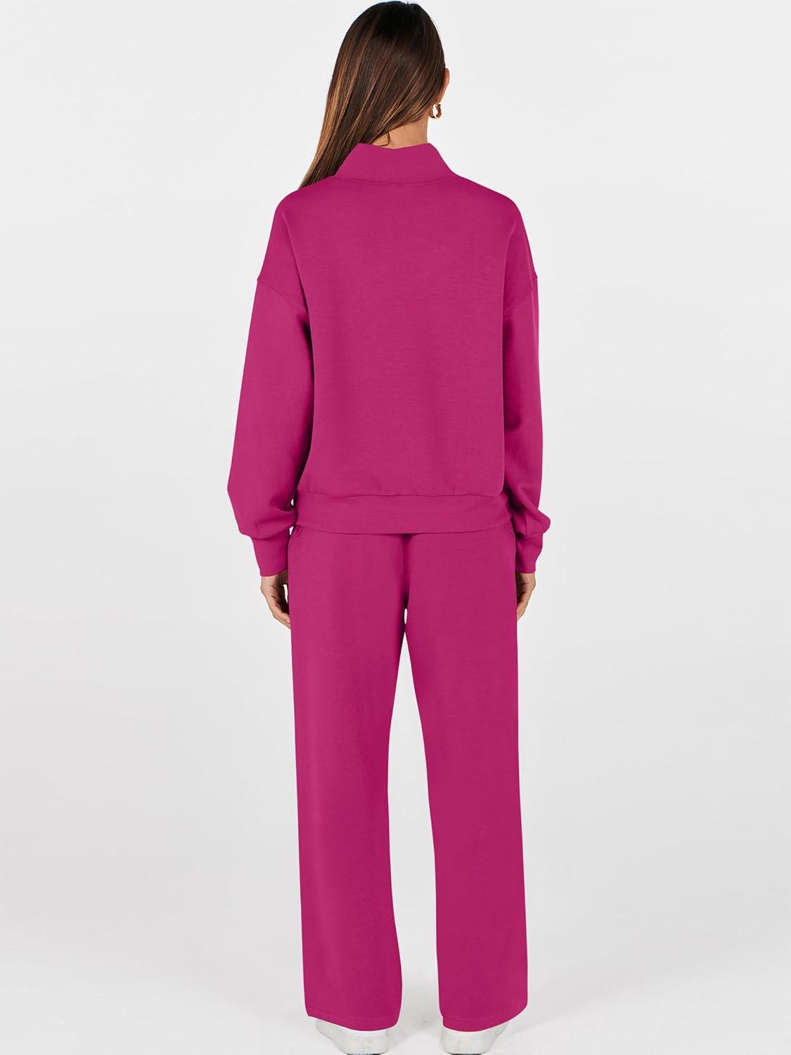 imageANRABESS Womens 2 Piece Outfits Sweatsuit Set 2025 Fall Drawstring Sweatshirt Wide Leg Sweatpant Lounge Set TracksuitHot Pink