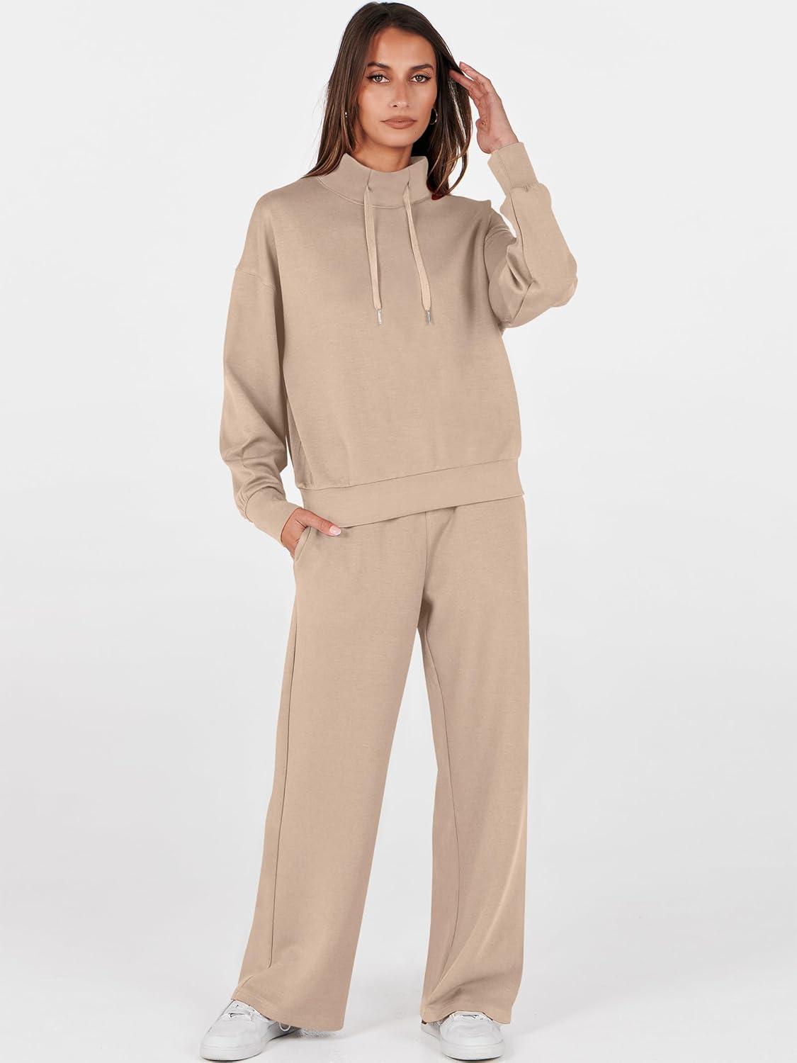 imageANRABESS Womens 2 Piece Outfits Sweatsuit Set 2025 Fall Drawstring Sweatshirt Wide Leg Sweatpant Lounge Set TracksuitKhaki