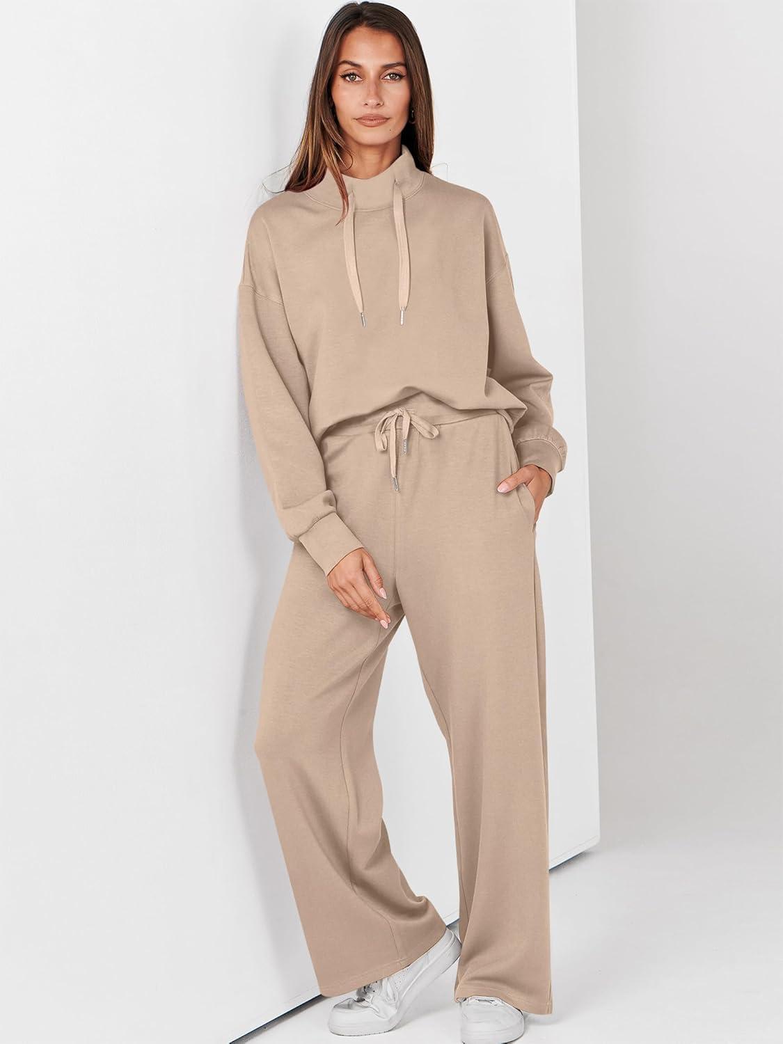 imageANRABESS Womens 2 Piece Outfits Sweatsuit Set 2025 Fall Drawstring Sweatshirt Wide Leg Sweatpant Lounge Set TracksuitKhaki