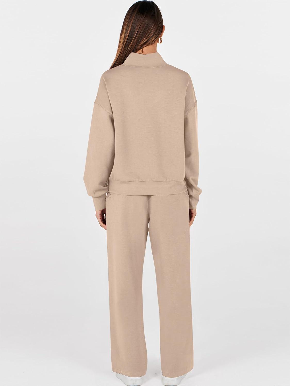 imageANRABESS Womens 2 Piece Outfits Sweatsuit Set 2025 Fall Drawstring Sweatshirt Wide Leg Sweatpant Lounge Set TracksuitKhaki