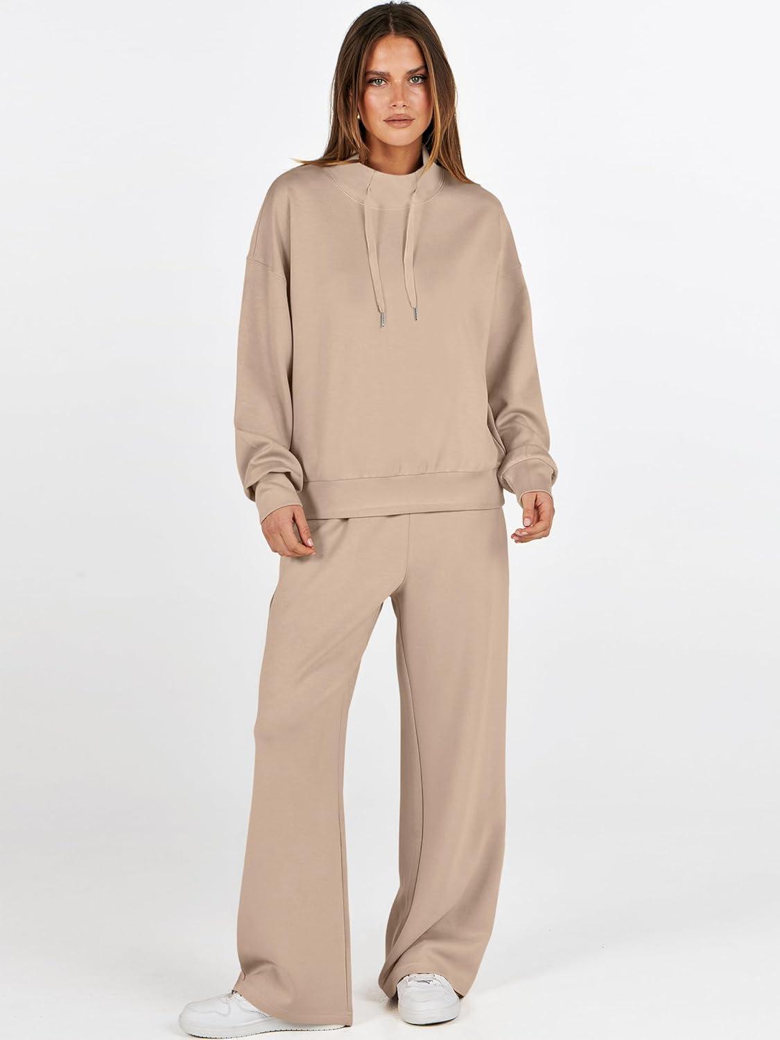 imageANRABESS Womens 2 Piece Outfits Sweatsuit Set 2025 Fall Drawstring Sweatshirt Wide Leg Sweatpant Lounge Set TracksuitKhaki