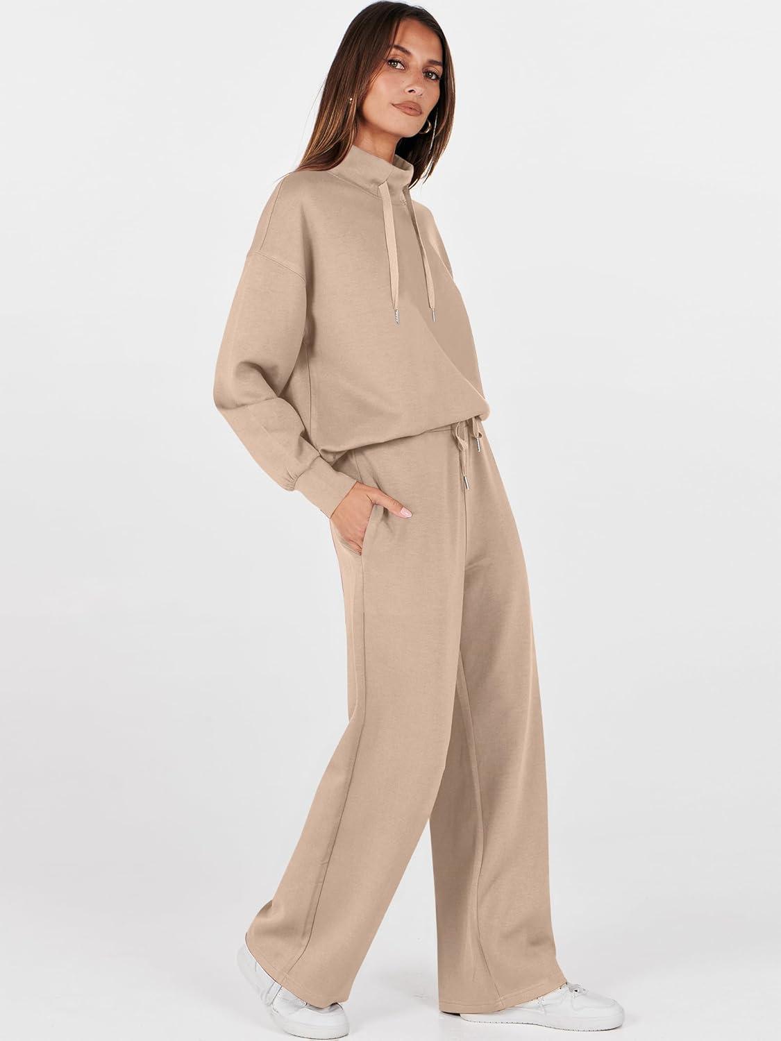 imageANRABESS Womens 2 Piece Outfits Sweatsuit Set 2025 Fall Drawstring Sweatshirt Wide Leg Sweatpant Lounge Set TracksuitKhaki