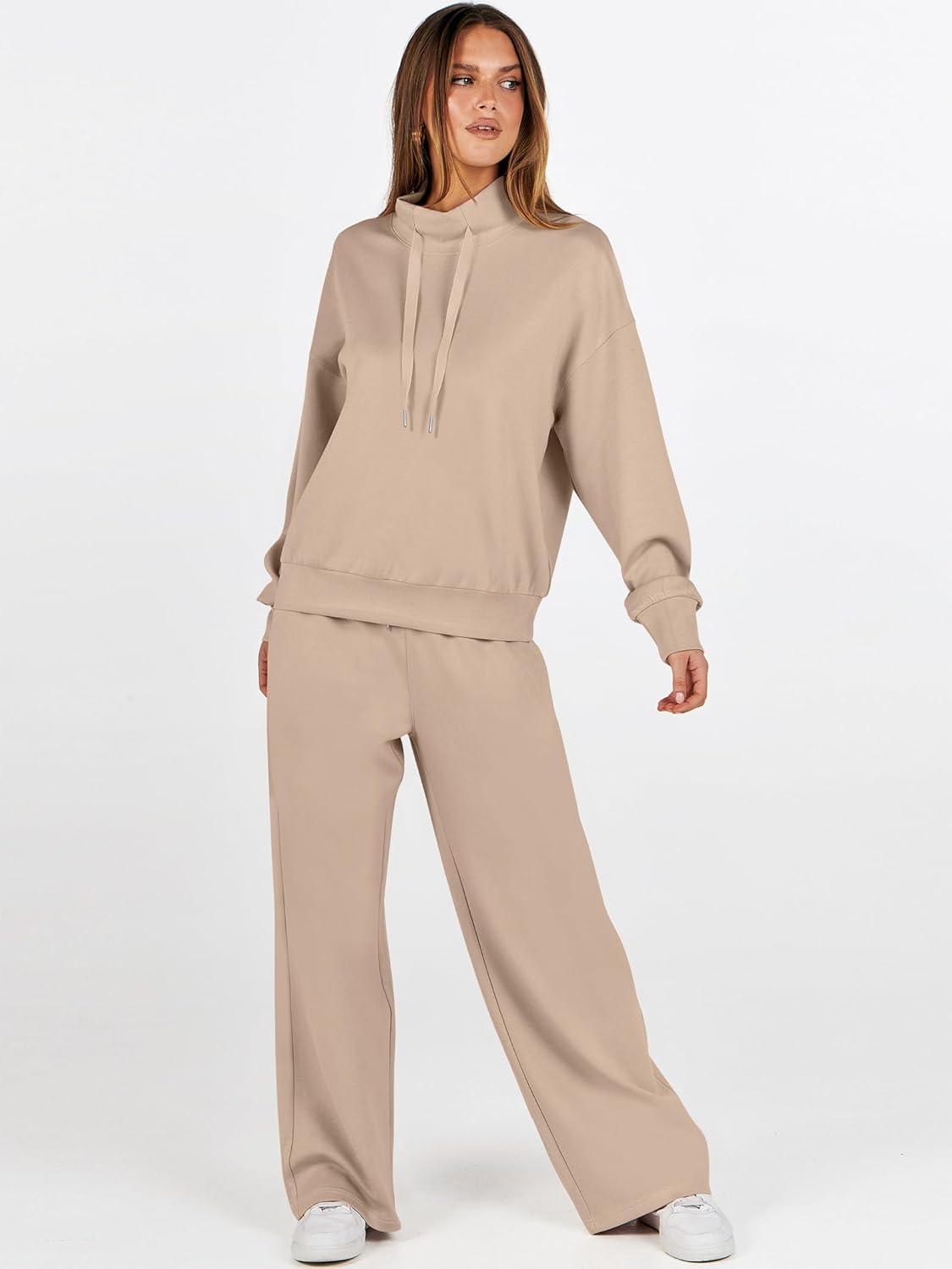 imageANRABESS Womens 2 Piece Outfits Sweatsuit Set 2025 Fall Drawstring Sweatshirt Wide Leg Sweatpant Lounge Set TracksuitKhaki