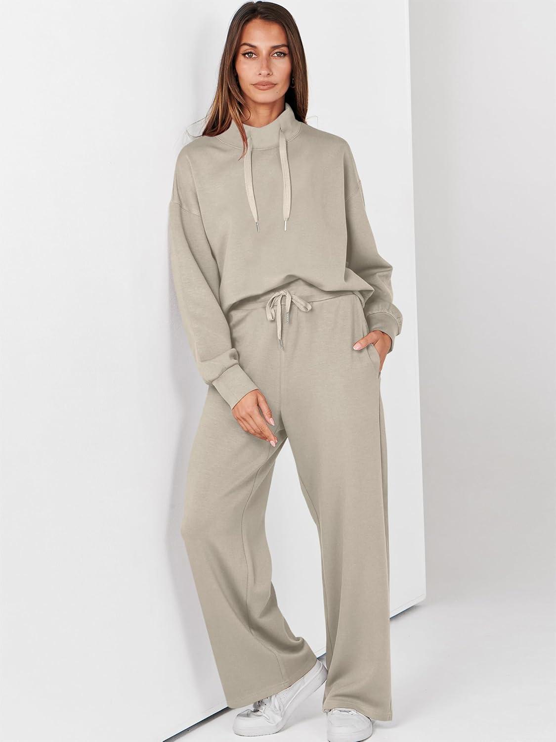 imageANRABESS Womens 2 Piece Outfits Sweatsuit Set 2025 Fall Drawstring Sweatshirt Wide Leg Sweatpant Lounge Set TracksuitLight Khaki