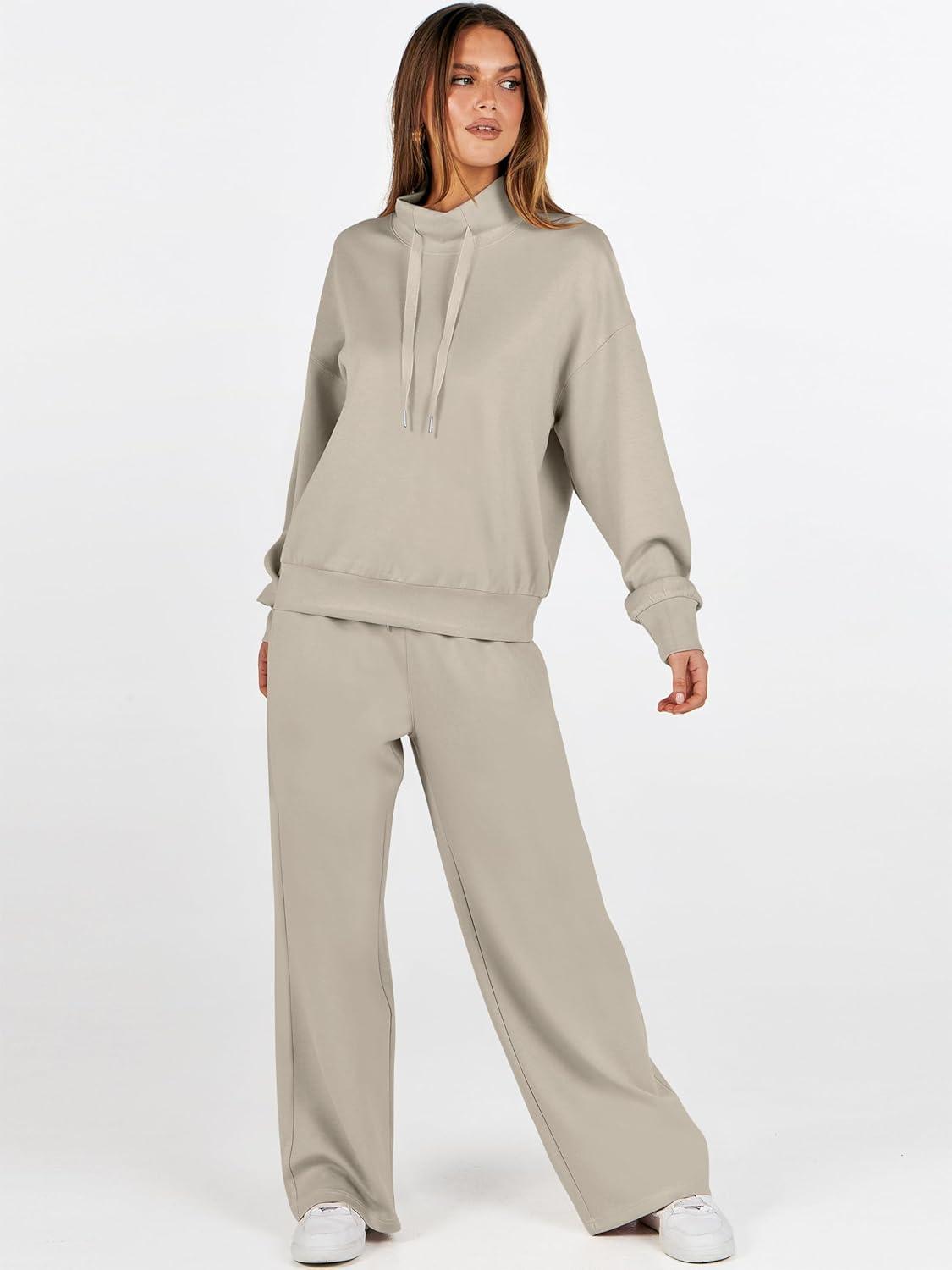 imageANRABESS Womens 2 Piece Outfits Sweatsuit Set 2025 Fall Drawstring Sweatshirt Wide Leg Sweatpant Lounge Set TracksuitLight Khaki