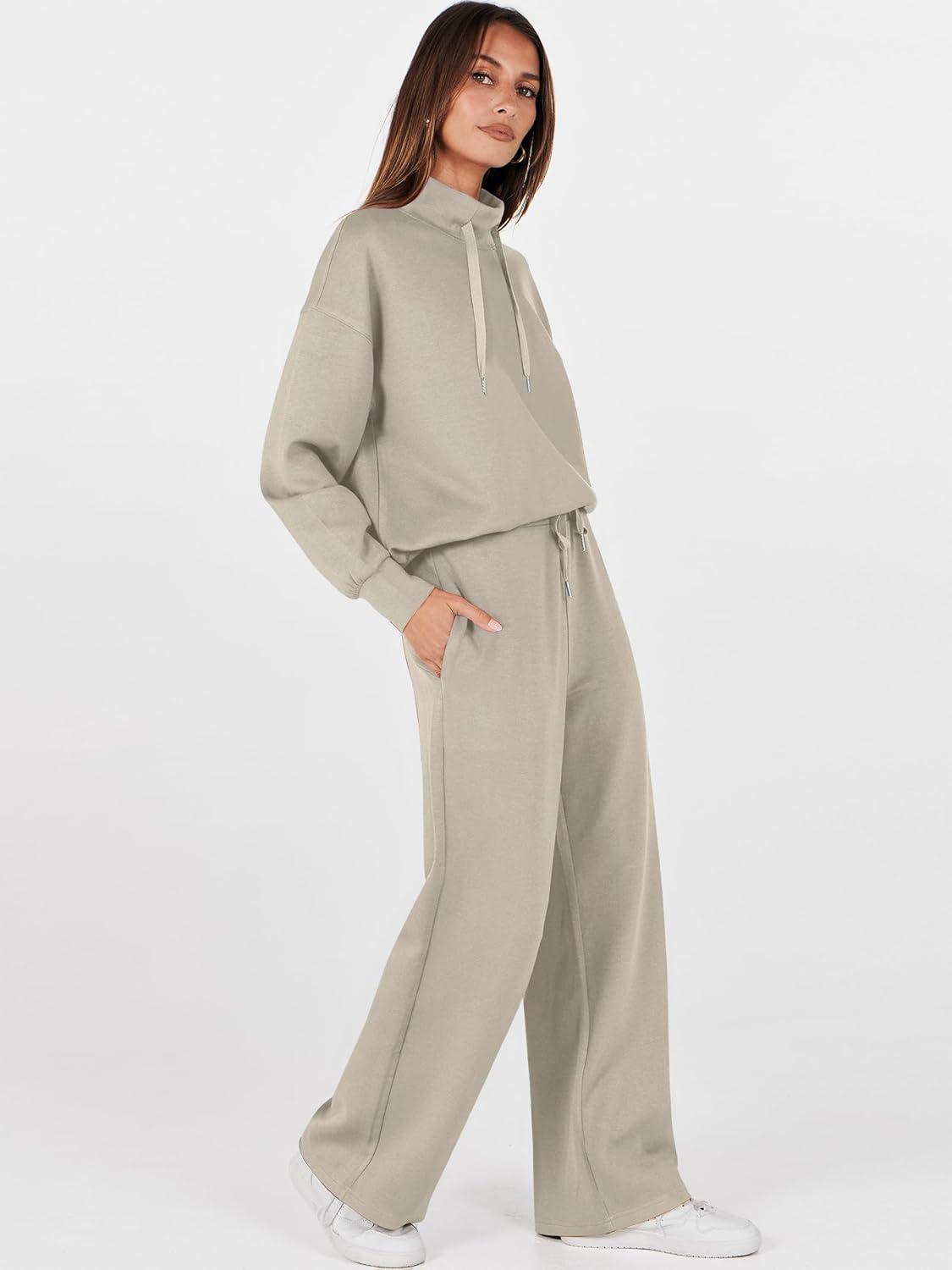 imageANRABESS Womens 2 Piece Outfits Sweatsuit Set 2025 Fall Drawstring Sweatshirt Wide Leg Sweatpant Lounge Set TracksuitLight Khaki