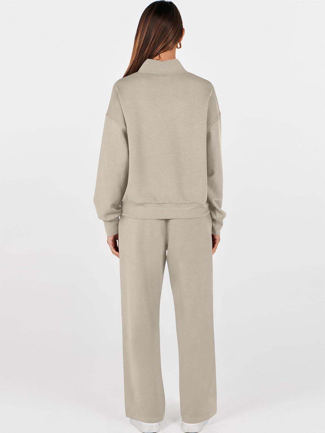 imageANRABESS Womens 2 Piece Outfits Sweatsuit Set 2025 Fall Drawstring Sweatshirt Wide Leg Sweatpant Lounge Set TracksuitLight Khaki