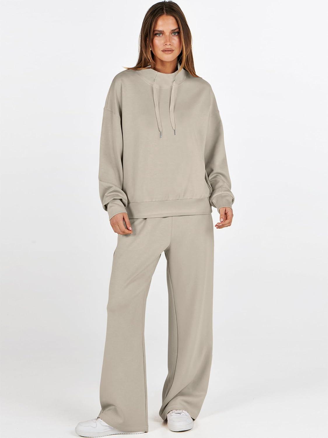 imageANRABESS Womens 2 Piece Outfits Sweatsuit Set 2025 Fall Drawstring Sweatshirt Wide Leg Sweatpant Lounge Set TracksuitLight Khaki