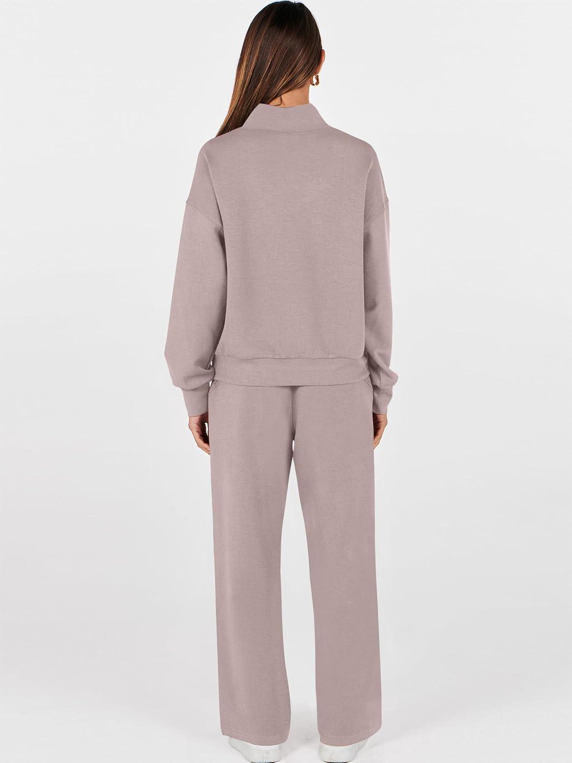 imageANRABESS Womens 2 Piece Outfits Sweatsuit Set 2025 Fall Drawstring Sweatshirt Wide Leg Sweatpant Lounge Set TracksuitRed Apricot