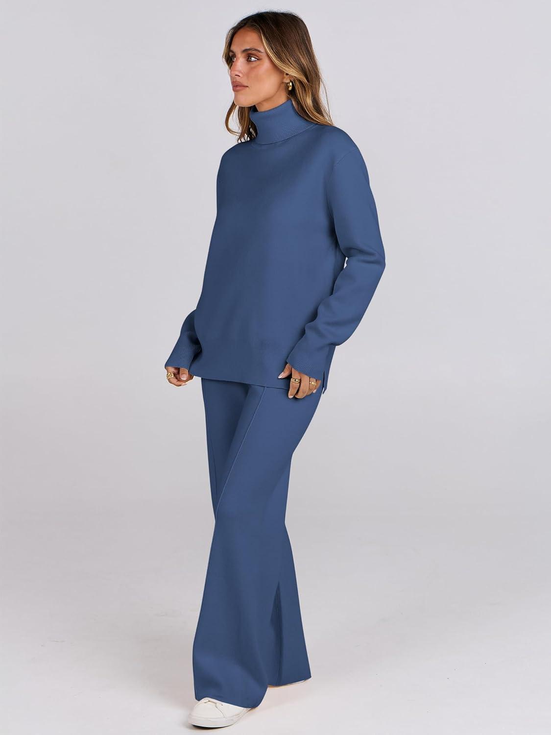imageANRABESS Womens 2 Piece Outfits Turtleneck Matching Lounge Set Sweater Top Wide Leg Pants Fall Cozy Knit Sweatsuit LoungewearBlue