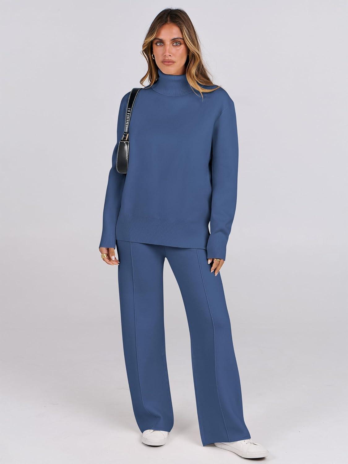 imageANRABESS Womens 2 Piece Outfits Turtleneck Matching Lounge Set Sweater Top Wide Leg Pants Fall Cozy Knit Sweatsuit LoungewearBlue