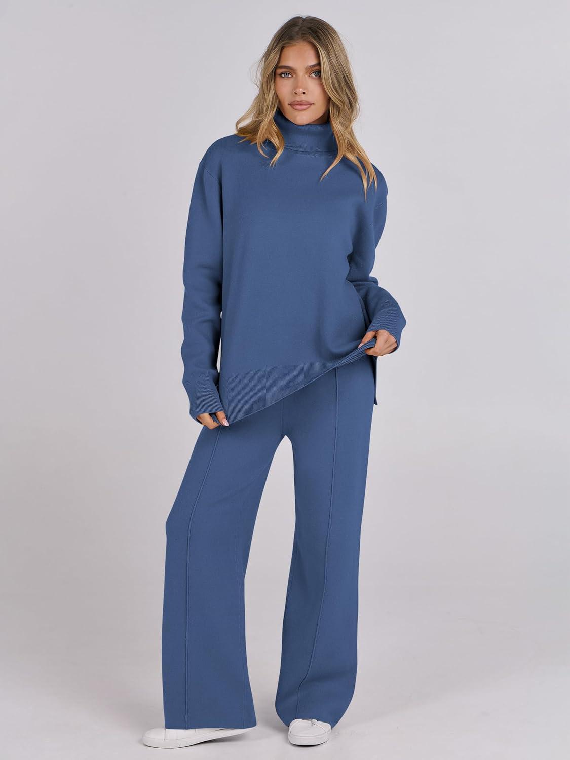 imageANRABESS Womens 2 Piece Outfits Turtleneck Matching Lounge Set Sweater Top Wide Leg Pants Fall Cozy Knit Sweatsuit LoungewearBlue