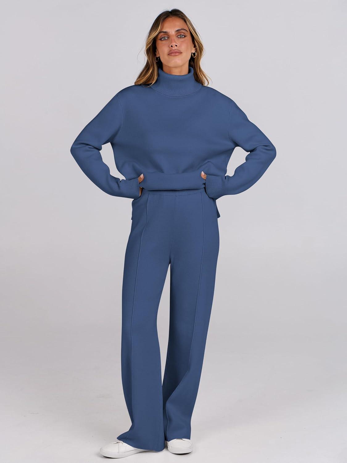 imageANRABESS Womens 2 Piece Outfits Turtleneck Matching Lounge Set Sweater Top Wide Leg Pants Fall Cozy Knit Sweatsuit LoungewearBlue