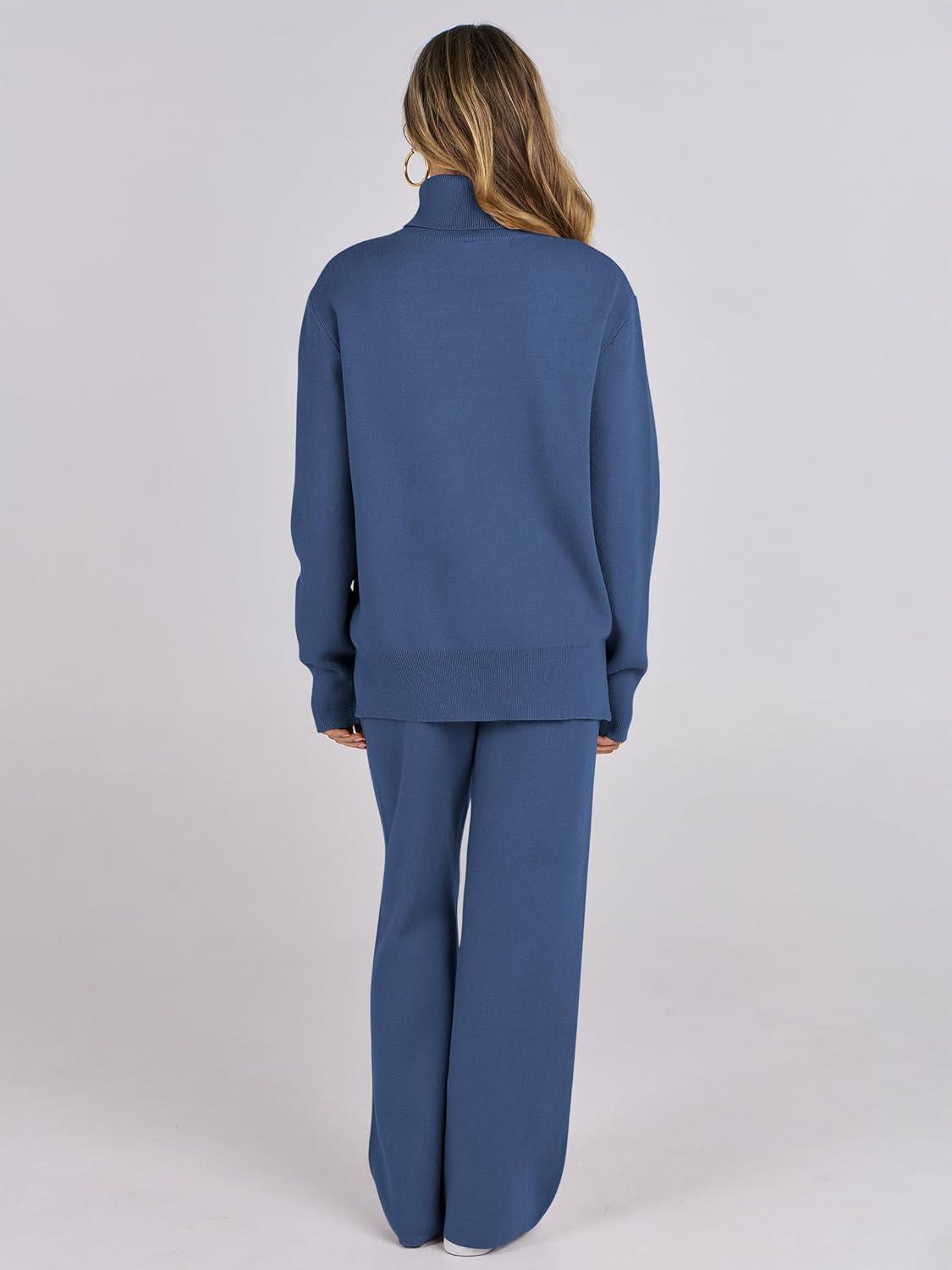 imageANRABESS Womens 2 Piece Outfits Turtleneck Matching Lounge Set Sweater Top Wide Leg Pants Fall Cozy Knit Sweatsuit LoungewearBlue