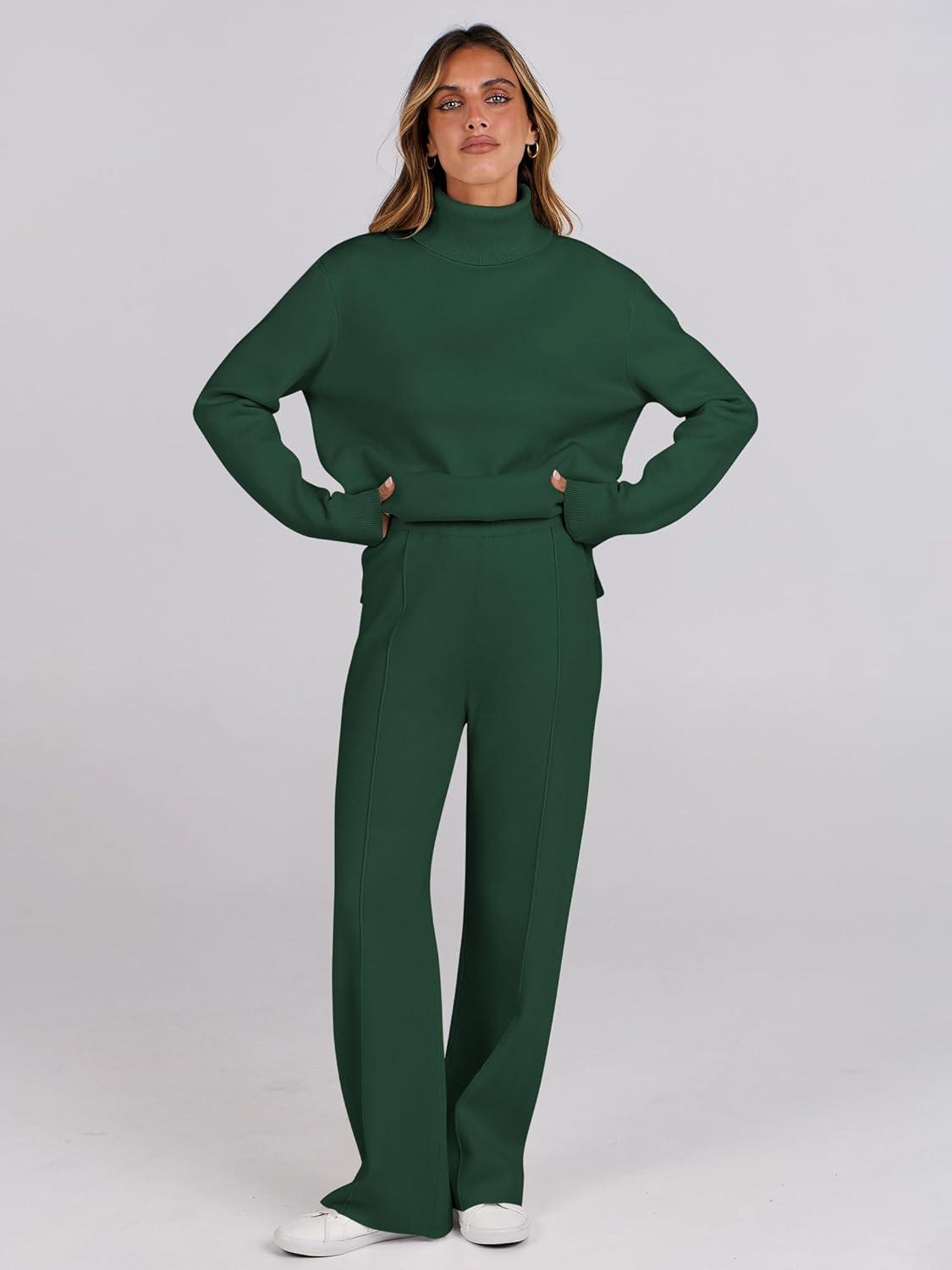 imageANRABESS Womens 2 Piece Outfits Turtleneck Matching Lounge Set Sweater Top Wide Leg Pants Fall Cozy Knit Sweatsuit LoungewearGreen