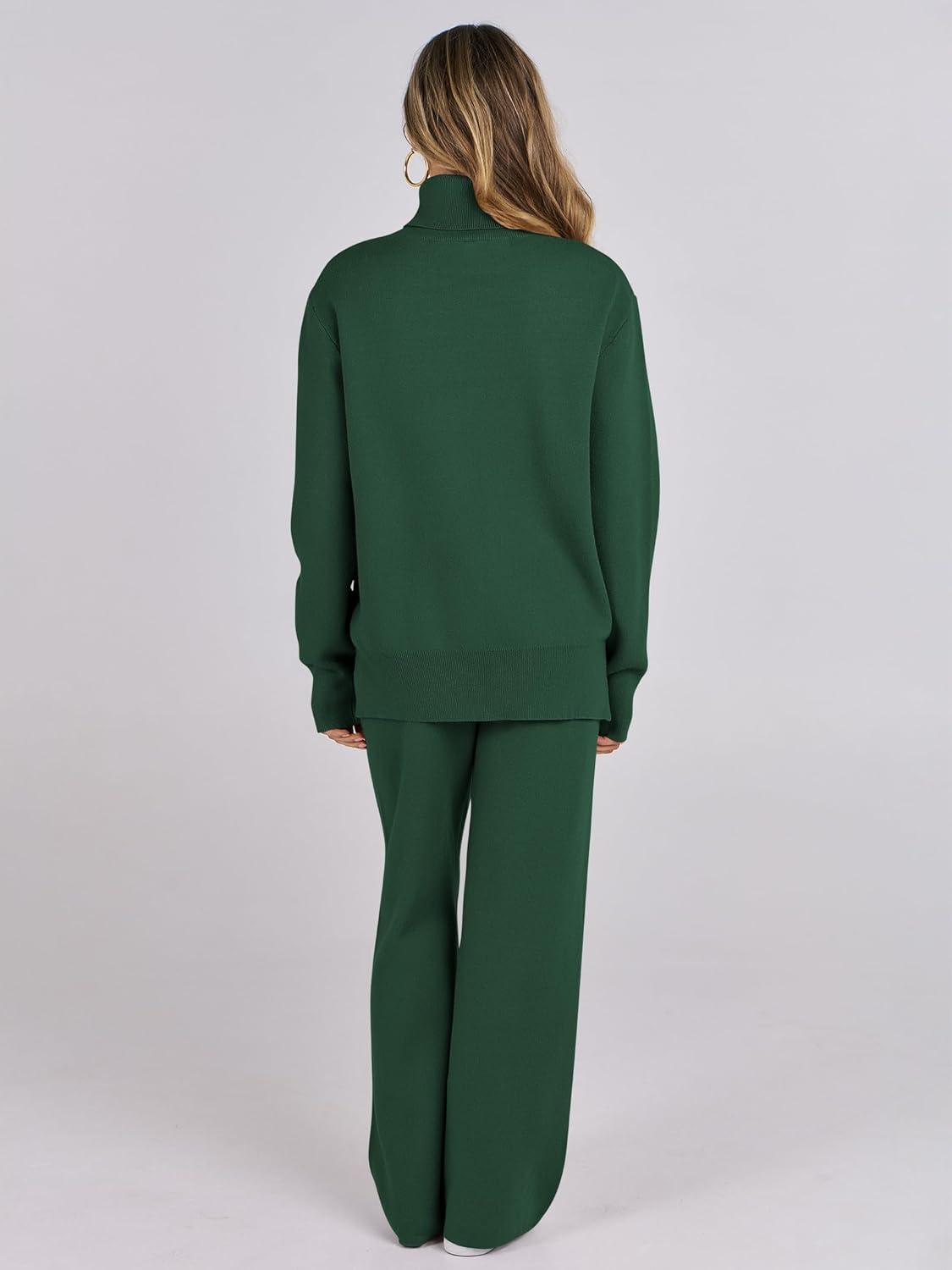 imageANRABESS Womens 2 Piece Outfits Turtleneck Matching Lounge Set Sweater Top Wide Leg Pants Fall Cozy Knit Sweatsuit LoungewearGreen