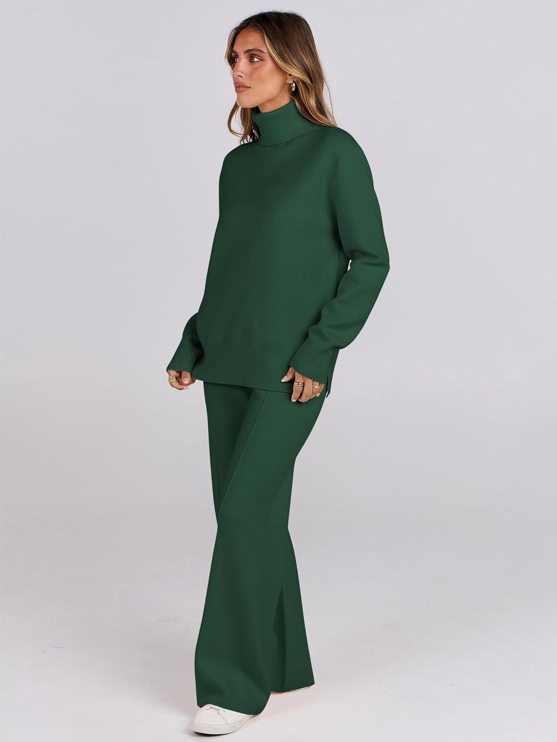 imageANRABESS Womens 2 Piece Outfits Turtleneck Matching Lounge Set Sweater Top Wide Leg Pants Fall Cozy Knit Sweatsuit LoungewearGreen